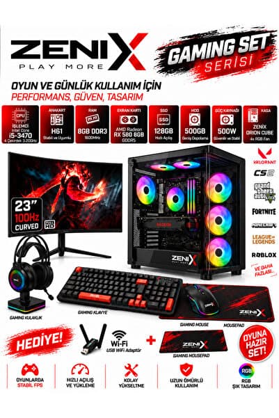 Zenix Gaming Zenix Pro Lite i5-6500 8GB Ram 128GB SSD 500GB HDD 24" Kavisli Monitör RX550 4GB RGB Klavye Mouse Set Oyuncu Bilgisayarı