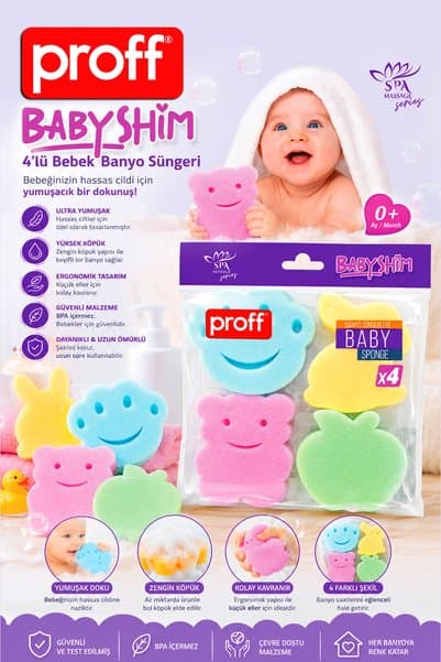 Proff Babyshim Ultra Yumuşak Figürlü Bebek Banyo Süngeri 4 Adet Çevre Dostu Güvenli Sünger