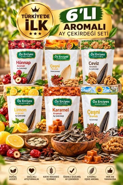 Öz Erciyes Kuruyemiş 1969'dan Bugüne 6’lı Aromalı Çekirdek Seti 6 x 250 g – 5 Ay Çekirdeği + 1 Kabak Çekirdeği
