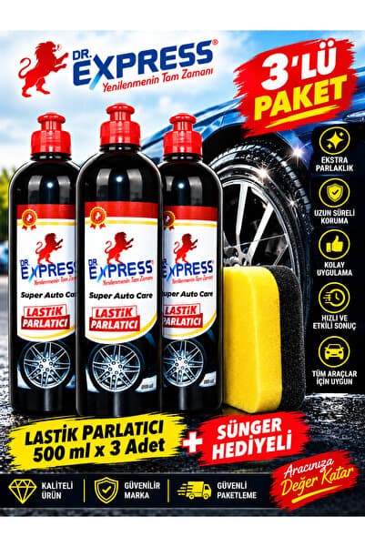 Drexpress Premium Lastik Parlatıcı Jel 500 ml Uzun Süre Etkili Yeni Görünüm Pratik Uygulama Sünger Hediyeli 3'lü Set