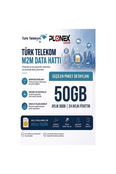 Türk Telekom M2M Data Hattı - 2 Yıllık Kullanım - Araç Takip, Alarm, Kamera ve Pos Cihazı Uyumlu M2M Sım Kart ( 50GB )