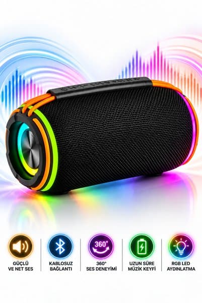 Omaze Taşınabilir Bluetooth Hoparlör RGB LED Işıklı Şarjlı Kablosuz Güçlü Sesli
