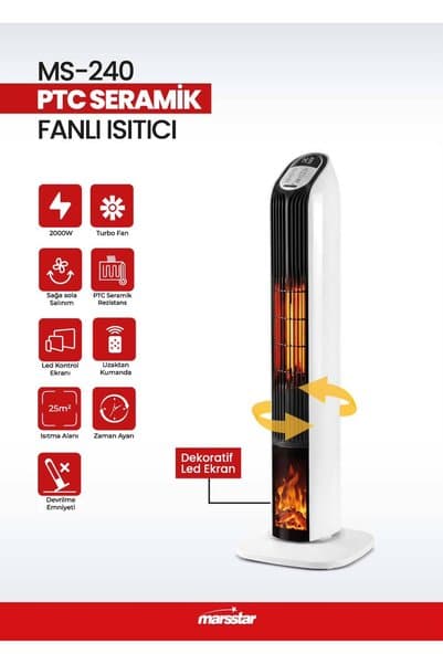 Marsstar MS-240 Kule Tipi Infrared Isıtıcı | Kızılötesi Isıtıcı | Alev Efektli Şömine Görünümlü Elektrikli Isıtıcı