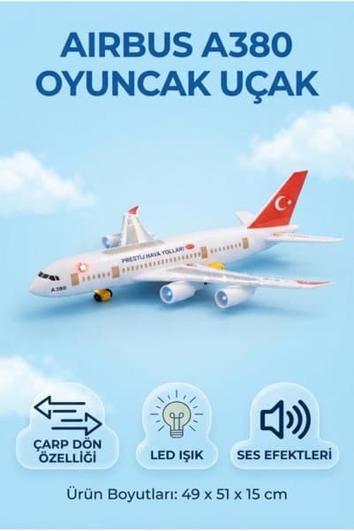 Tıfıl Toys Işıklı Sesli ve Hareketli Büyük Boy 49 CM Oyuncak Türk Hava Yolları Airbus A380 Uçağı