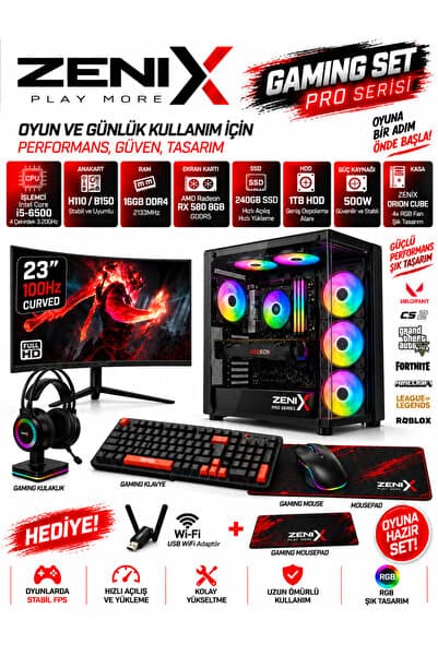 Zenix Gaming Zenix Pro i5-6500 16GB Ram 240GB SSD 1TB HDD 24" Kavisli Monitör RX580 8GB Ekran Kartı Klavye Mouse Set Oyuncu Bilgisayarı