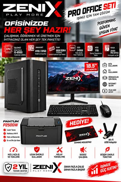 Zenix Gaming Office Pro i5-6500 8GB Ram 240GB SSD 18.5" Monitör Klavye Mouse Set Mono Yazıcılı Ofis Bilgisayarı