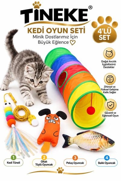 TİNEKE Oyun Seti Kedi Tüneli 1 Ad Elastik Olta 1 Ad Peluş Balık Sazan 1 Ad Peluş Fare Turuncu 1 Ad