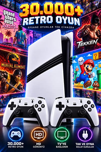Teknodrone Kablosuz Çift Kollu Retro Oyun Konsolu 30.000 Oyunlu HDMI uyumlu 53 Emülatörlü 1080P Görüntü 4K 2.4G Gaming Atari
