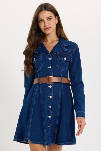 Tudors Kadın Regular Fit Klasik Kesim %100 Pamuk Uzun Kollu Volanlı Kemerli Lacivert Denim Elbise