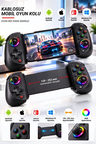 CROW'S TECH Bluetooth Mobil Telefon Oyun Kolu RGB Gamepad 129-252 mm Ayarlanabilir Android iOS Switch Windows Uyumlu