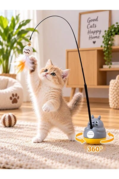 HAYHAYPETSHOP Kedi Oyuncağı 360° Dönen Hareketli Otomatik Olta Oyuncak Esnek Çubuklu Tüylü İnteraktif Kedi Oyuncağı