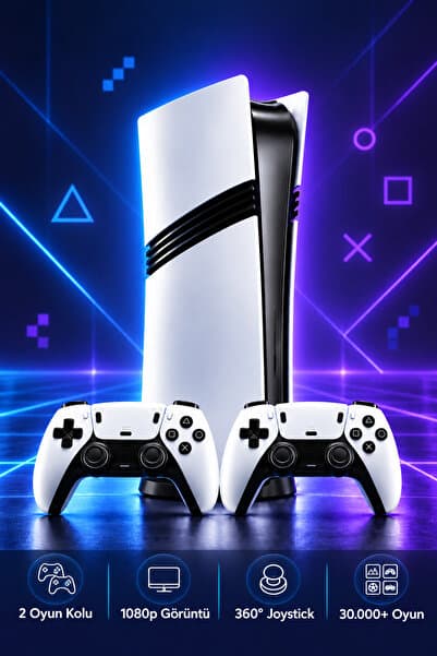 Teknodrone Kablosuz Çift Kollu Oyun Konsolu 30.000 Oyunlu Retro 4K HDMI uyumlu 53 Emülatörlü 1080P Görüntü 2.4G Gaming Atari