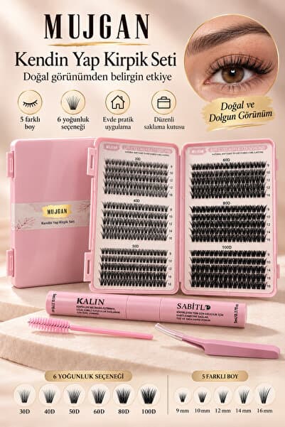 MUJGAN Kirpik Seti 580 Adet 6 Yoğunluk 5 Boy 9-16 mm Cımbız Fırça Sabitleyici Saklama Kutulu