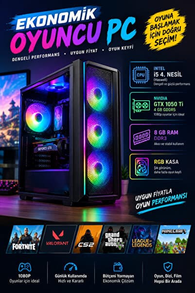 thekam RGB Oyuncu PC | i5 4. Nesil | GTX 1050 Ti | 8 GB RAM | Ekonomik Gaming Bilgisayar
