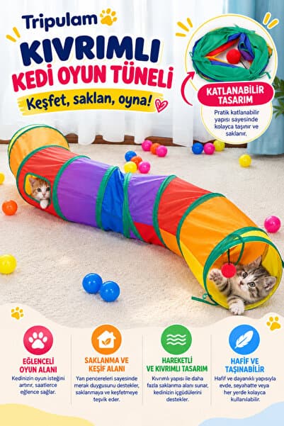 TRİPULAM Gökkuşağı Renkli Kedi & Köpek Oyun Tüneli – Uzun Eğlenceli Kıvrımlı Evcil Hayvan Tüneli (130 cm)