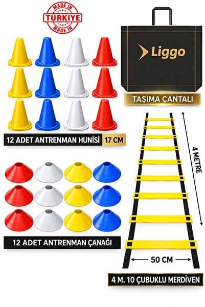 Liggo Antrenman Seti 12 Adet Huni 12 Adet Çanak 4m Merdiven Çantalı Spor Eğitim Seti