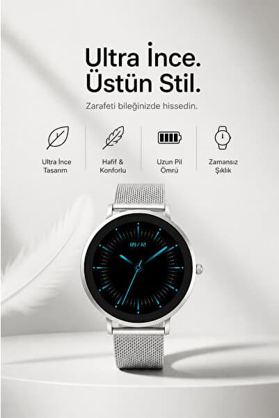 Laleli 43mm İnce Şık Akıllı Saat Uzun Şarj Süresi. Tansiyon Ölçme Nabız Ölçme Gümüş Kasa Gümüş Çelik Hasır Kordon