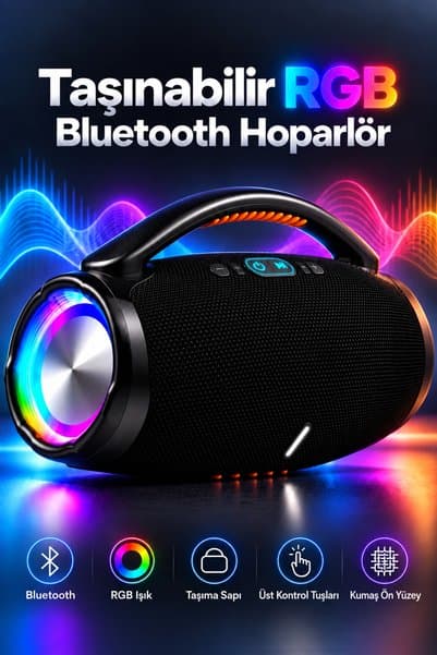 Teknodrone Taşınabilir Bluetooth Hoparlör TWS Destekli RGB Işıklı Taşıma Saplı Kablosuz Ses Bombası