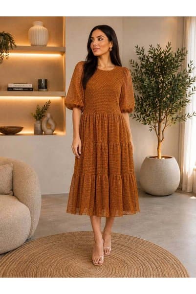 Harmony Fashion Kremit Şifon Karpuz Kol Elbise