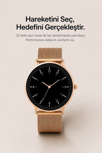 Laleli 43mm İnce Şık Akıllı Saat Uzun Şarj Süresi. Tansiyon Ölçme Nabız Ölçme Altın Kasa Altın Çelik Hasır Kordon