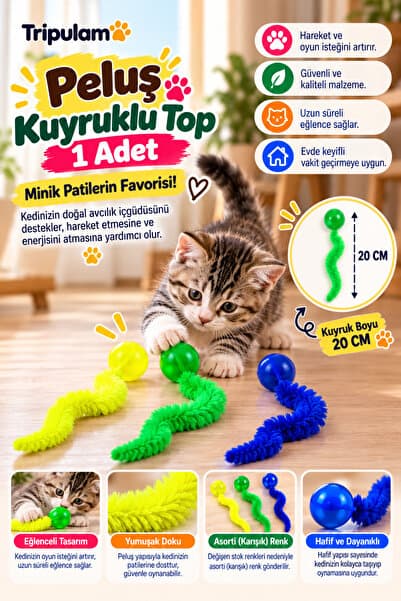 TRİPULAM Peluş Kuyruklu Kedi Oyuncağı 1 adet – Toplu İnteraktif 20 cm Peluş Kuyruklu Kedi Oyun Oyuncağı