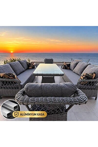 SERCANGARDEN MAXİ DEV BAHÇE TAKIMI 12 KİŞİLİK ALİMİNYUM İSKELETTİR (GALVANİZ DEĞİLDİR) BAMBU RATTAN Bahçe Balkon Takımı