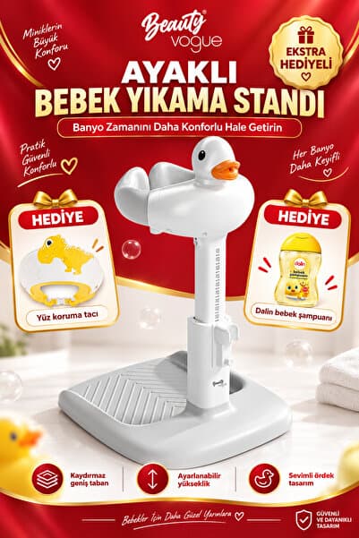 Beauty Vogue Premium Ayaklı Bebek Yıkama Standı Konforlu Ördekli Bebek Küveti + Hediye Taç Yüz Koruma Siperliği