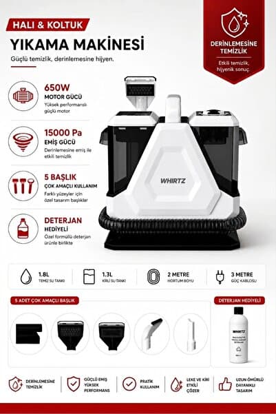 Whirtz Ea-1000 Halı Yıkama Makinesi Islak Kuru Temizlik - Halı Koltuk Temizleyici - 650w Vakumlu