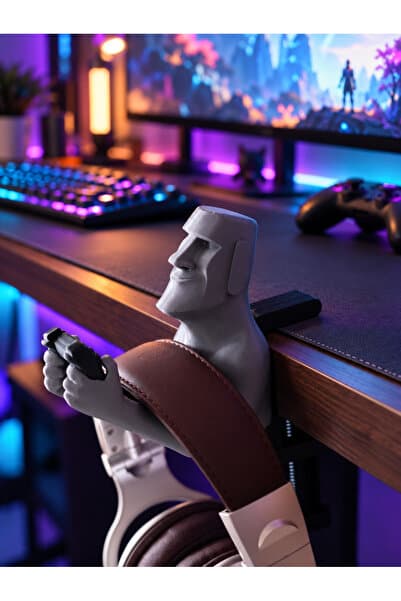Bostan Design Gamepad Tutan Moai Figür Masa Kenarı Kulaklık Tutucu Gamer Setup Aksesuarı