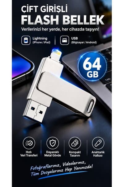 instatech 64 GB Lightning USB Flash Bellek OTG Çift Girişli iPhone iPad USB Bellek Veri Aktarım Hafıza Kartı