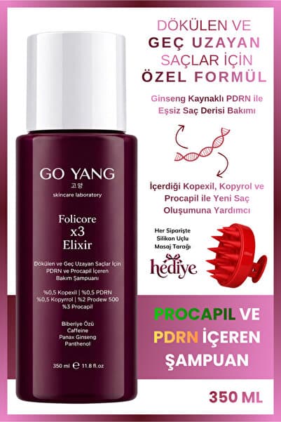 GO YANG Procapil, Kopexil ve PDRN İçeren Dökülen ve Geç Uzayan Saçlara Özel Şampuan 350 ML