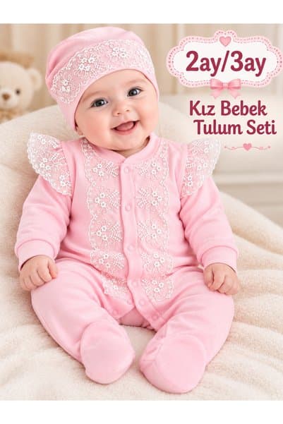 Sönmez bebe Kız Bebek Fistolu Dantelli Tulum Seti 2-3 Ay Mevlüt Özel Gün Bebek Hediyelik