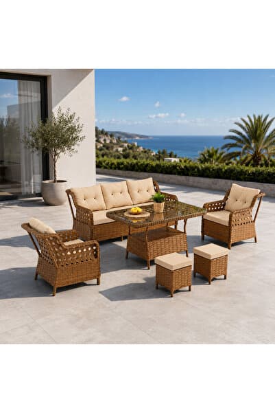 PAZARACTİVE Rattan Bahçe Balkon Takımı 3+1+1 Puf Camlı Masa Rattan Takımı Kahverengi