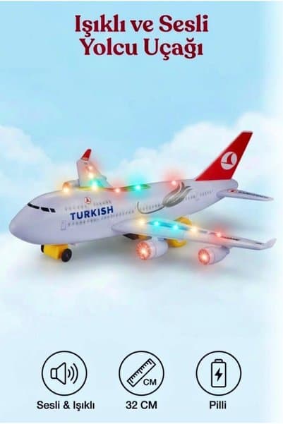 Tıfıl Toys Işıklı Ve Sesli THY Yolcu Uçağı İniş Takımı Model Kuyruklu 32 Cm Kaliteli Eğlenceli Oyuncak Uçak