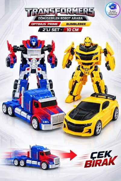 YILDIRIM OYUNCAK Dönüşebilen Transformers Robot Araba 2’li Set 10 cm | Çek Bırak Optimus Prime Bumblebee Oyuncak Seti