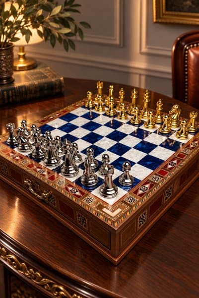 banabirhediye Premium El Yapımı Satranç Takımı, Gold Gümüş Kaplama Metal Taşlar, Ahşap Satranç, Hediyelik, Satranç Seti 33 × 33 × 7 cm