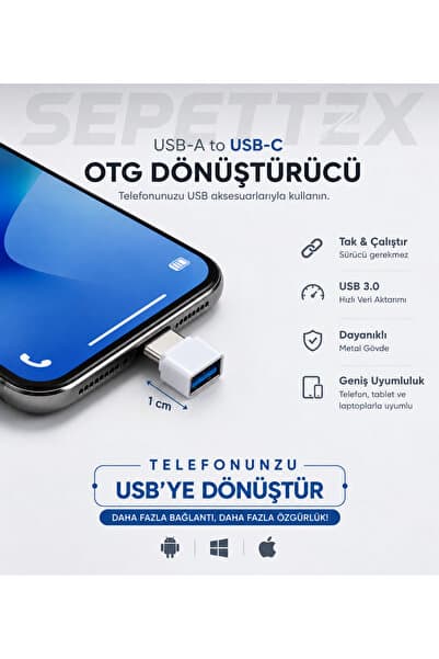 SepetteX Type-C → USB OTG Adaptör | (YÜKSEK HIZLI VERİ AKTARIMI) Android Telefon ve Tablet Uyumlu çevirici dönüştürücü