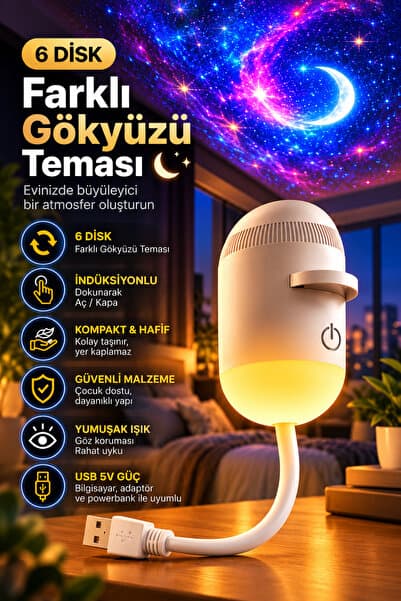Happy Owl 6 Diskli Gökyüzü Projektör Gece Lambası – Galaksi ve Yıldız Projeksiyonlu, Dokunmatik, USB 5V, Çocuk Odası Uyku Lambası