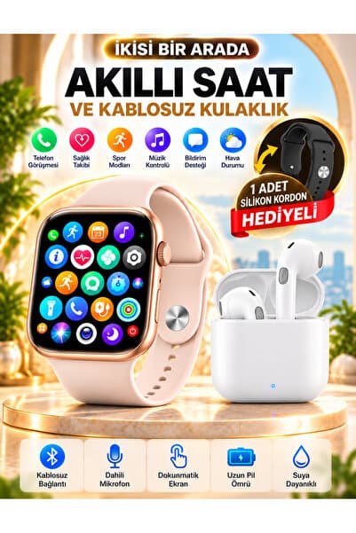 Happy Owl Akıllı Saat ve Kablosuz Bluetooth Kulaklık 2'li Set – Arama Özellikli, Spor ve Sağlık Takibi, Dokunmatik Ekran – Yedek Silikon Kordon Hediyeli