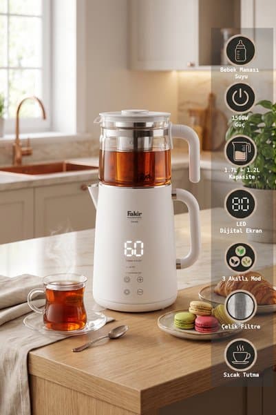 Fakir Demia Dijital Çay Makinesi 1,7 L Çelik Su Isıtıcı 1,2 L Cam Demlik