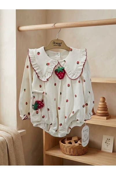 cayzen Mini Çilek Desenli Fırfırlı Kız Bebek Body %100 pamuk