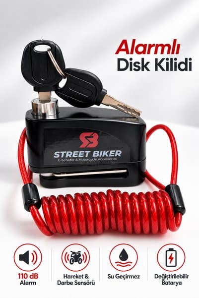 STREET BIKER Alarmlı Disk Kilidi 110 Desibel - Titreşim Sensörlü Motosiklet | Bisiklet | Elektrikli Scooter | E Bisiklet