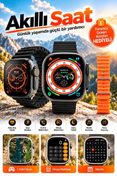 Happy Owl Akıllı Saat Ocean Kordonlu Arama Mesaj Bildirimi Spor Modları Oyun Hesap Makinesi Takvim + Turuncu Kordon Hediyeli
