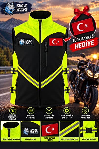 Snow Wolfs Softshell Kumaş, Suya Dayanıklı Motorcu Yeleği, Reflektörlü, Yanlarından Ayarlanabilir