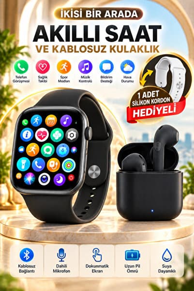 Happy Owl Akıllı Saat ve Kablosuz Bluetooth Kulaklık 2'li Set – Arama Özellikli, Spor ve Sağlık Takibi, Dokunmatik Ekran – Yedek Silikon Kordon Hediyeli