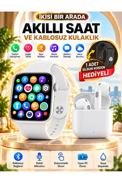 Happy Owl Akıllı Saat ve Kablosuz Bluetooth Kulaklık 2'li Set – Arama Özellikli, Spor ve Sağlık Takibi, Dokunmatik Ekran – Yedek Silikon Kordon Hediyeli