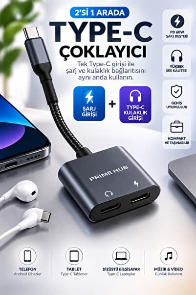 MATECHNO 2 in 1 Type-C Hub Çoklayıcı Kablo Şarj ve Kulaklık Girişli Type-C Dönüştürücü Çevirici