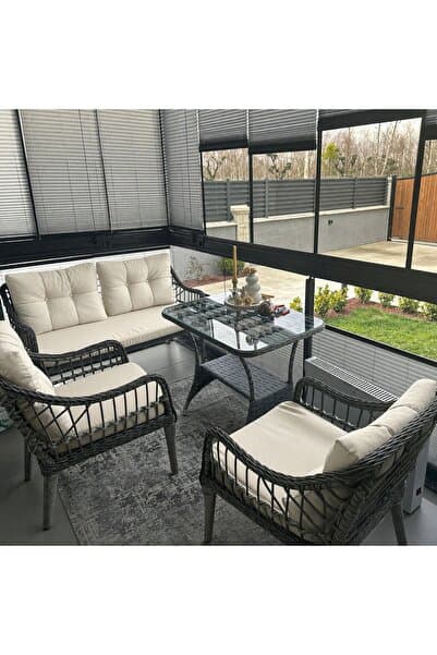 Tu Tienda MİNİMAL BALKONLAR ÖZEL KAŞ GALVANİZ 2+1+1+SEHPA BAHÇE BALKON MOBİLYASI,GRİ RATTAN/KREM KUMAŞ