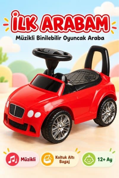 Tıfıl Toys Müzikli İlk Arabam – Koltuk Altı Bagajlı, Ayakla İtmeli Kırmızı Çocuk Arabası, 12 Ay+