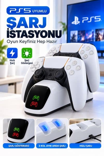CROW'S TECH PS5 Uyumlu DualSense Çift Kol Hızlı Şarj İstasyonu LED Göstergeli Şarj Standı